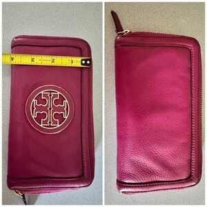 Tory Burch Zip-Around Wallet in Berry Pink with Gold Logo
